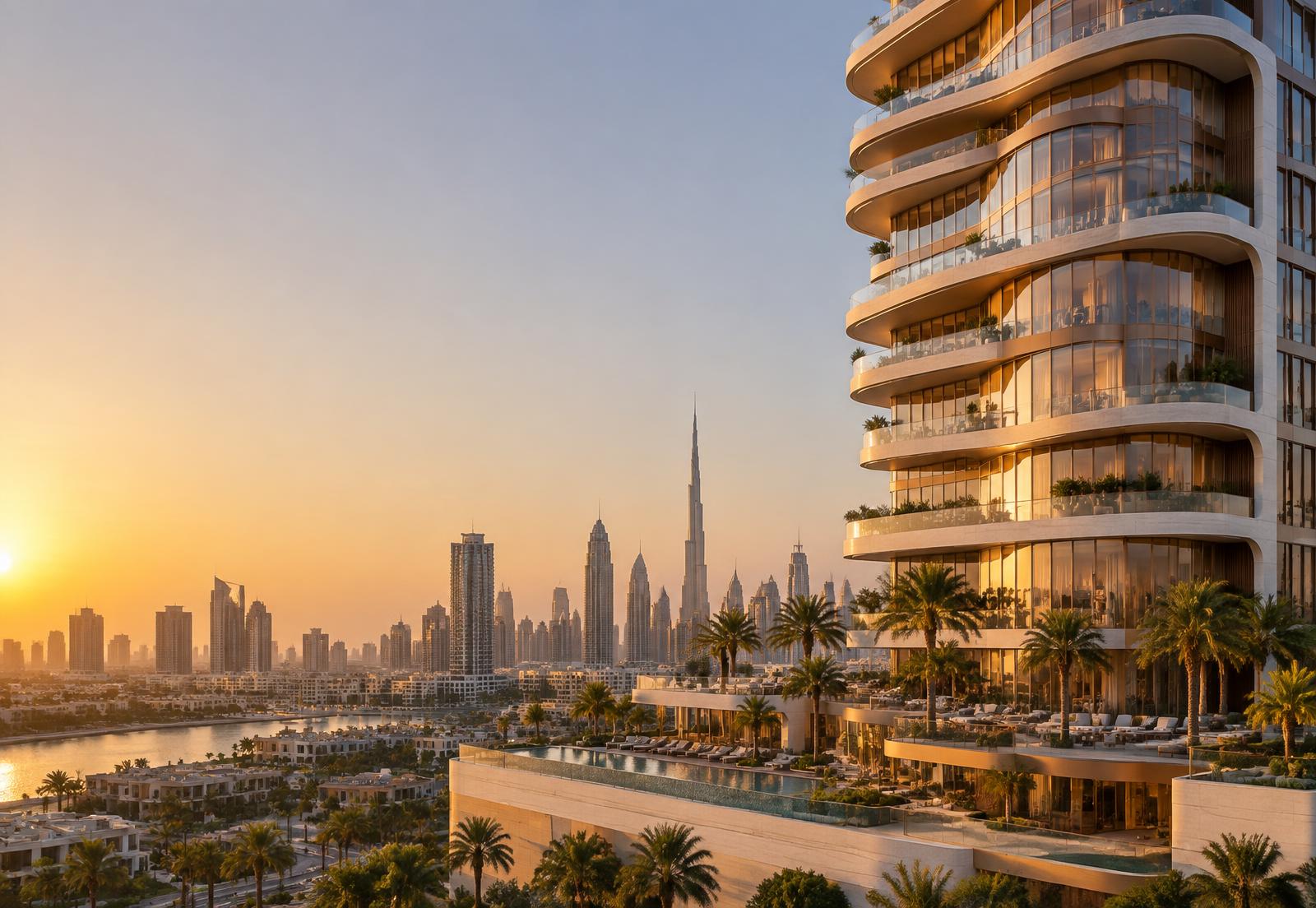 Dubai waterfront architecture and skyline in warm evening light
